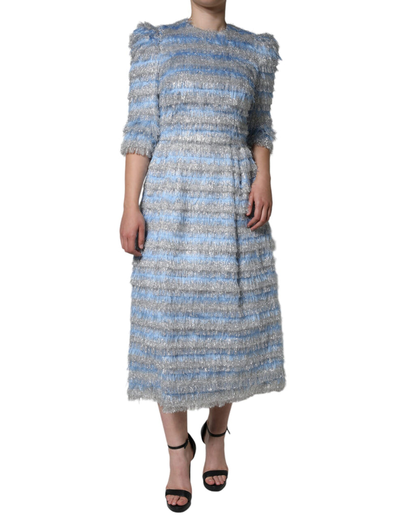 Light Blue Silver Jacquard A-line Midi Dress-Dolce & Gabbana-LabelTerrace.com