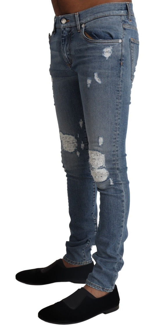 Light Blue Tattered Cotton Denim Skinny Jeans-Dolce & Gabbana-LabelTerrace.com