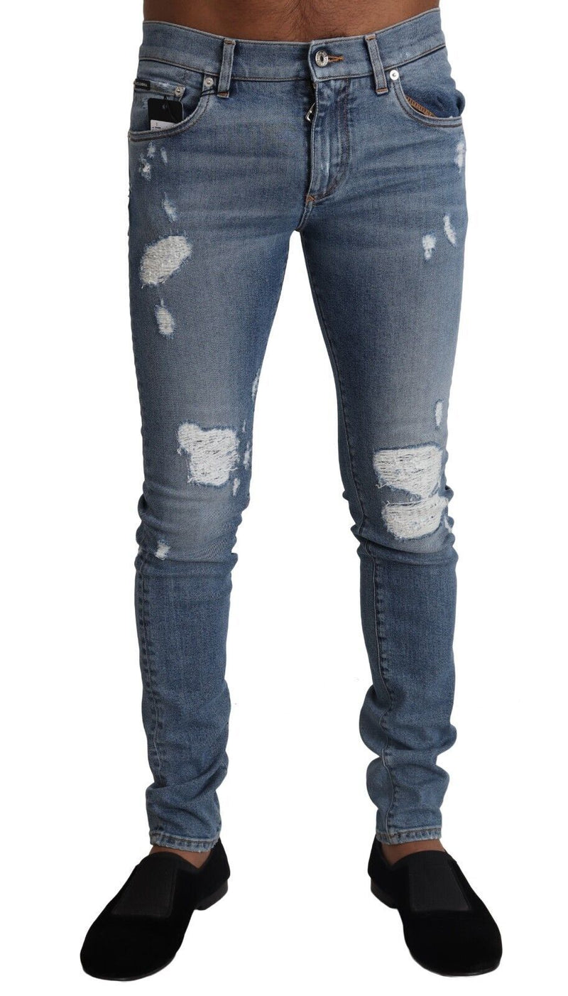 Light Blue Tattered Cotton Denim Skinny Jeans-Dolce & Gabbana-LabelTerrace.com