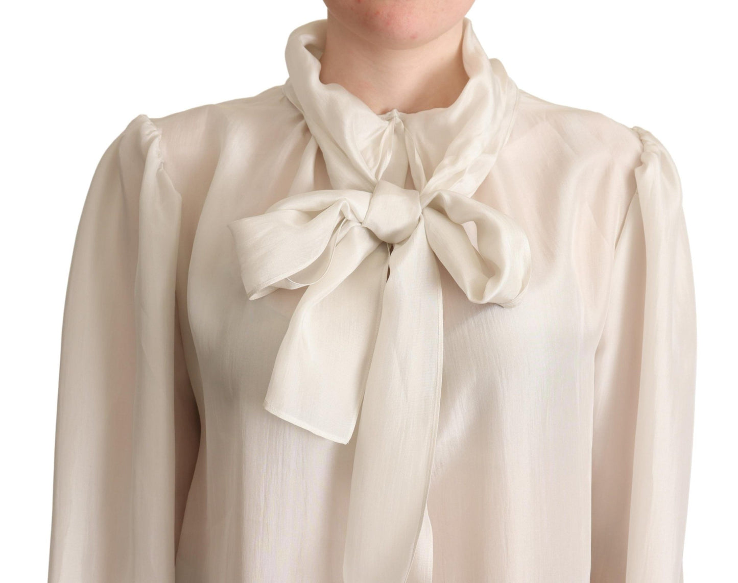 Light Gray Ascot Collar Shirt Silk Blouse Top-Dolce & Gabbana-LabelTerrace.com