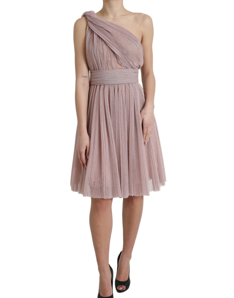 Light Lilac Pleated Lame Tulle One Shoulder Dress-Dolce & Gabbana-LabelTerrace.com