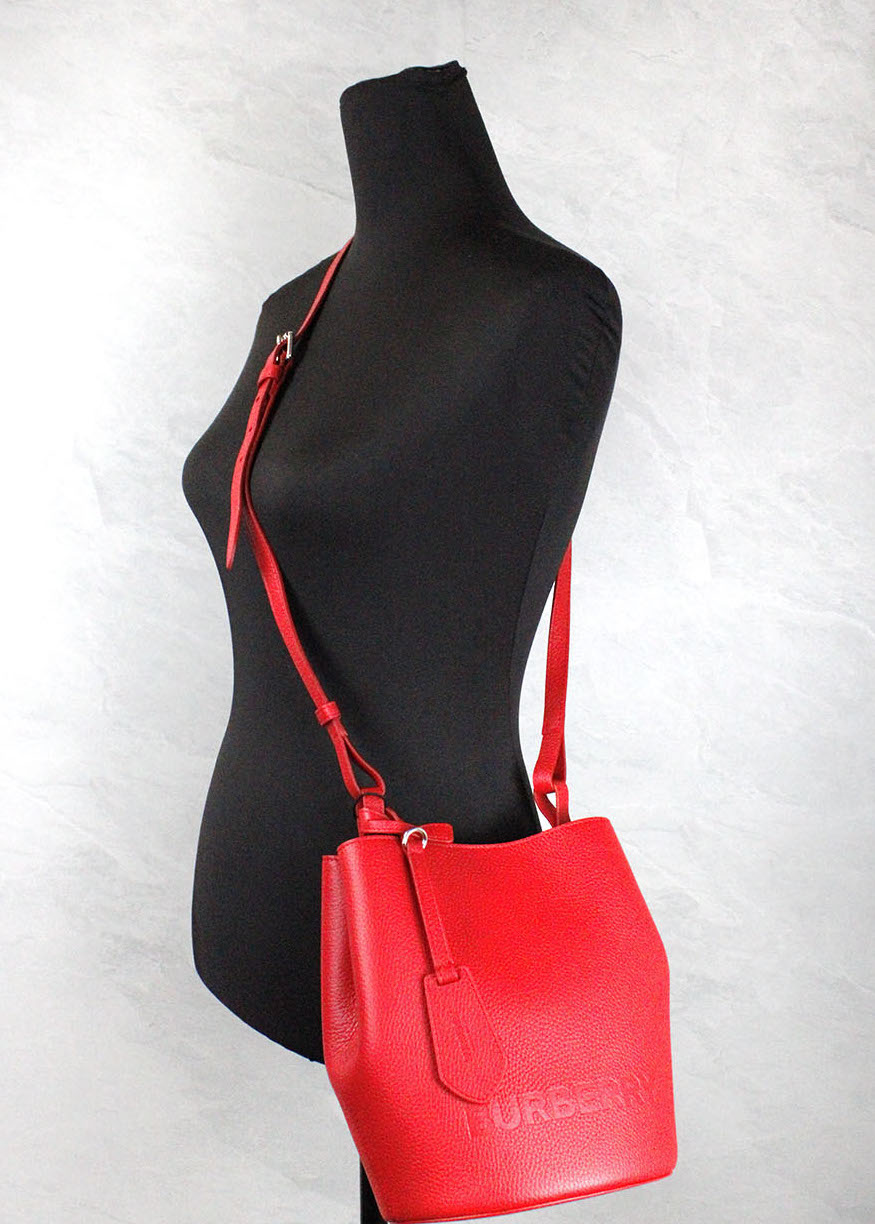 Lorne Small Red Pebbled Leather Bucket Crossbody Purse Bag-Burberry-LabelTerrace.com