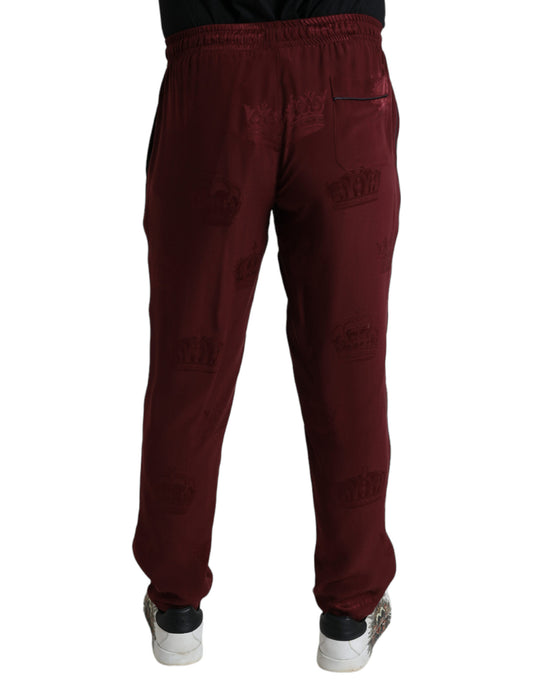 Maroon Crown Pattern Silk Pajama Pants-Dolce & Gabbana-LabelTerrace.com