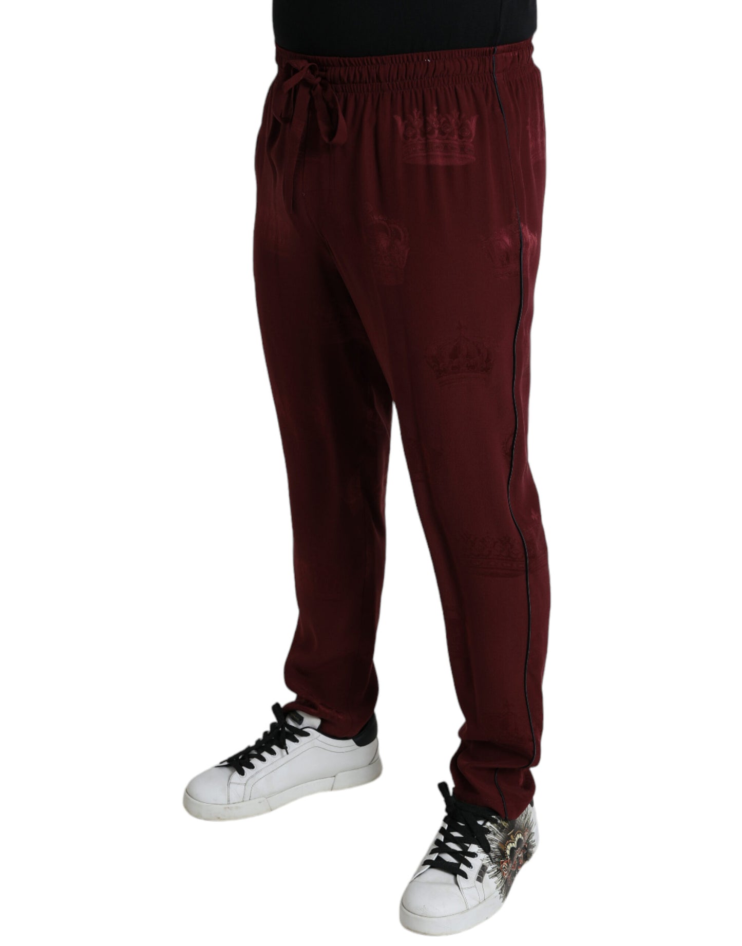 Maroon Crown Pattern Silk Pajama Pants-Dolce & Gabbana-LabelTerrace.com