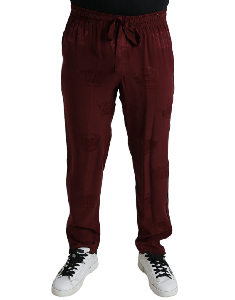 Maroon Crown Pattern Silk Pajama Pants-Dolce & Gabbana-LabelTerrace.com