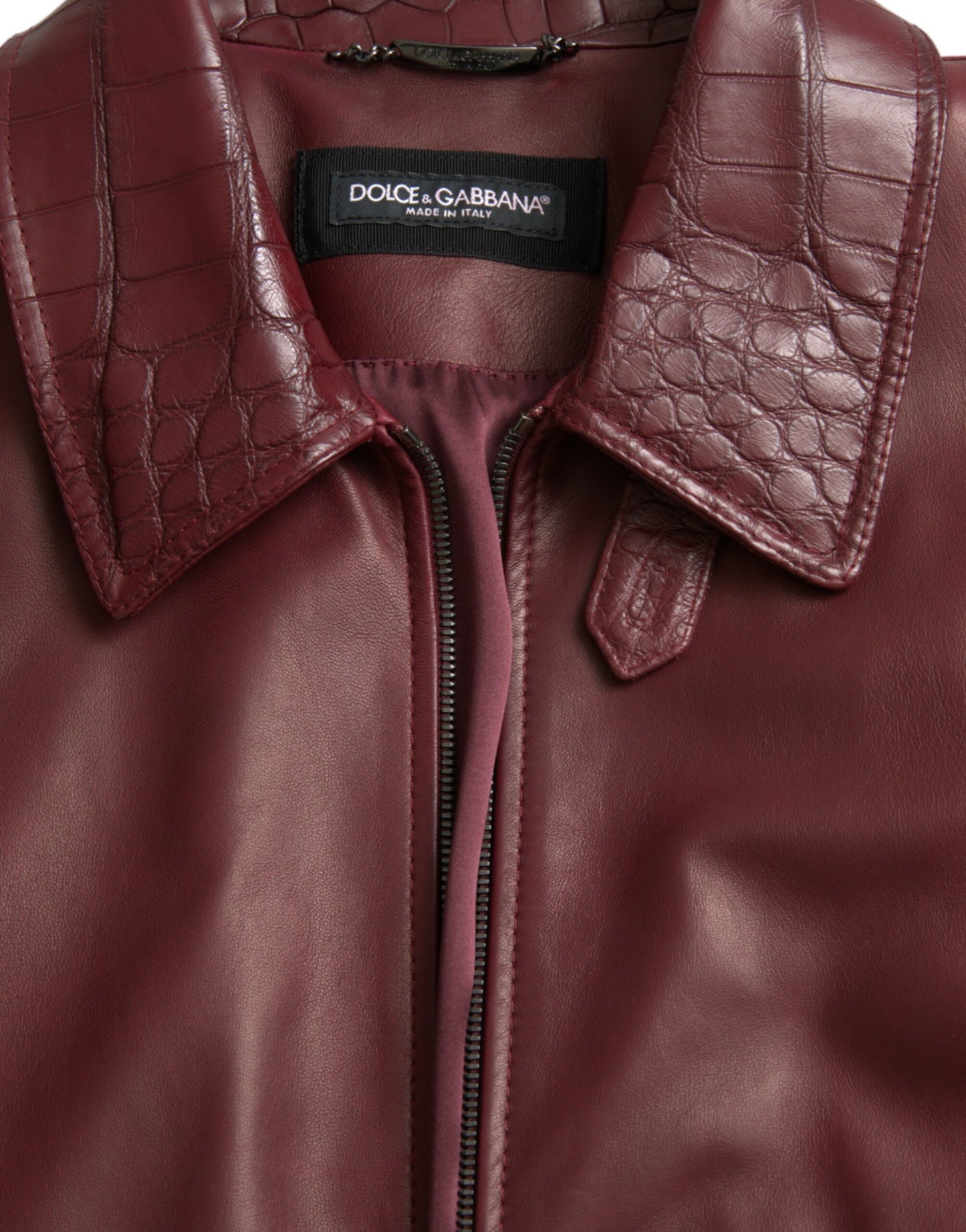 Maroon Exotic Leather Zip Biker Coat Jacket-Dolce & Gabbana-LabelTerrace.com