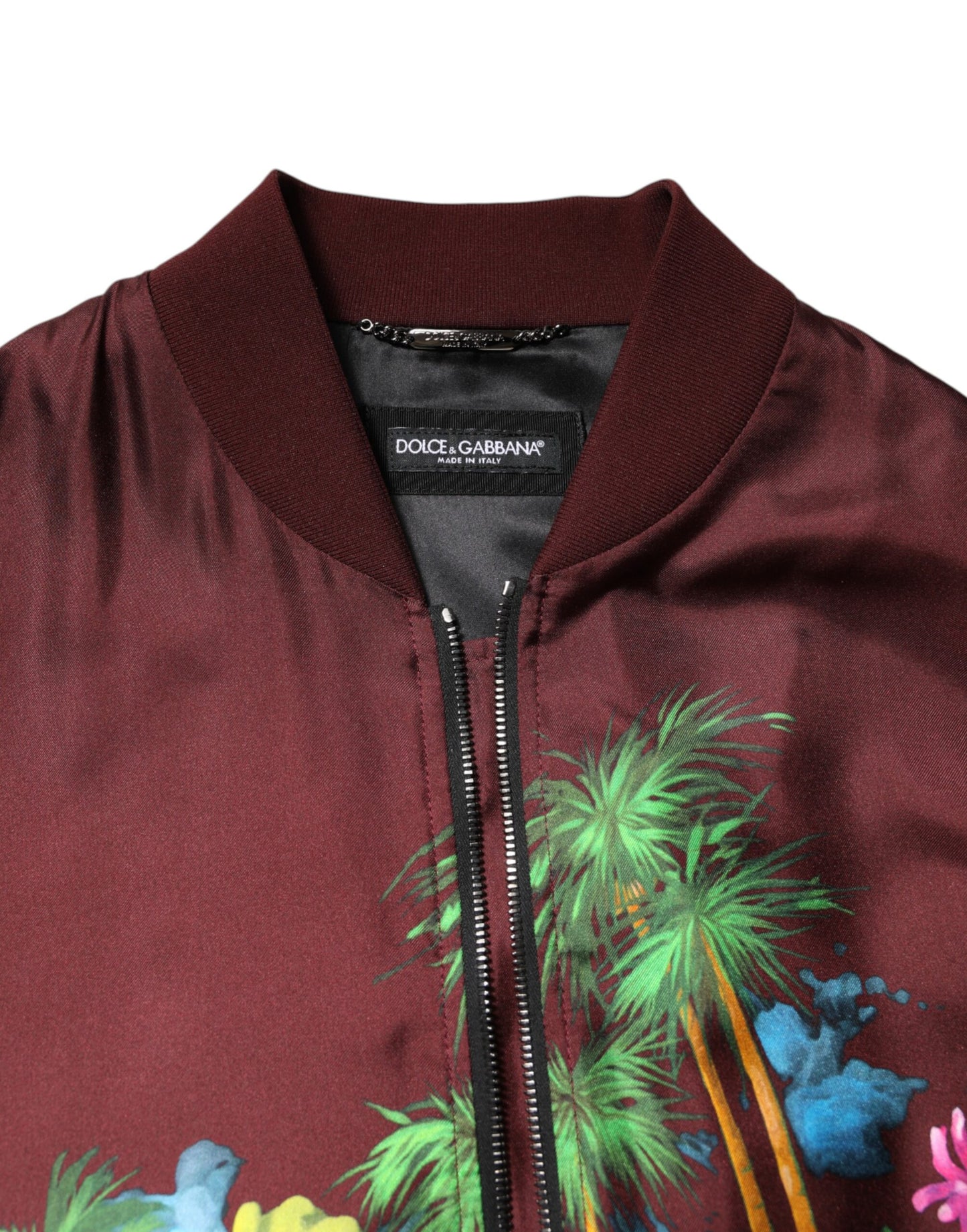Maroon Floral Print Full Zip Bomber Jacket-Dolce & Gabbana-LabelTerrace.com
