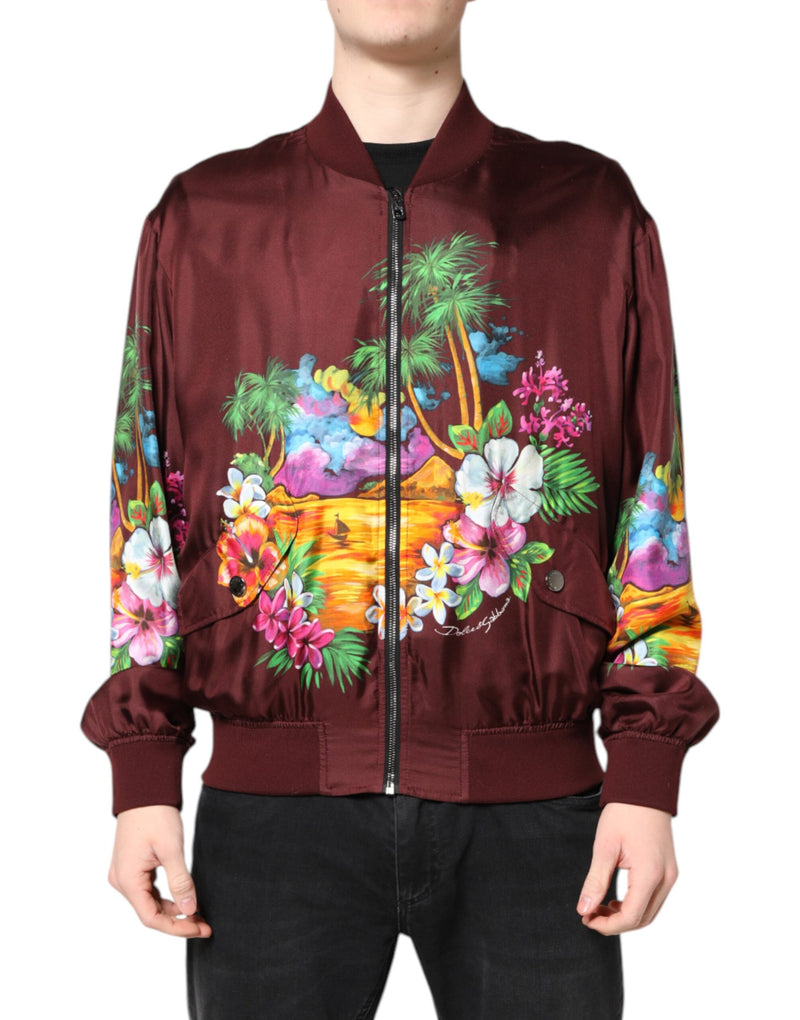 Maroon Floral Print Full Zip Bomber Jacket-Dolce & Gabbana-LabelTerrace.com