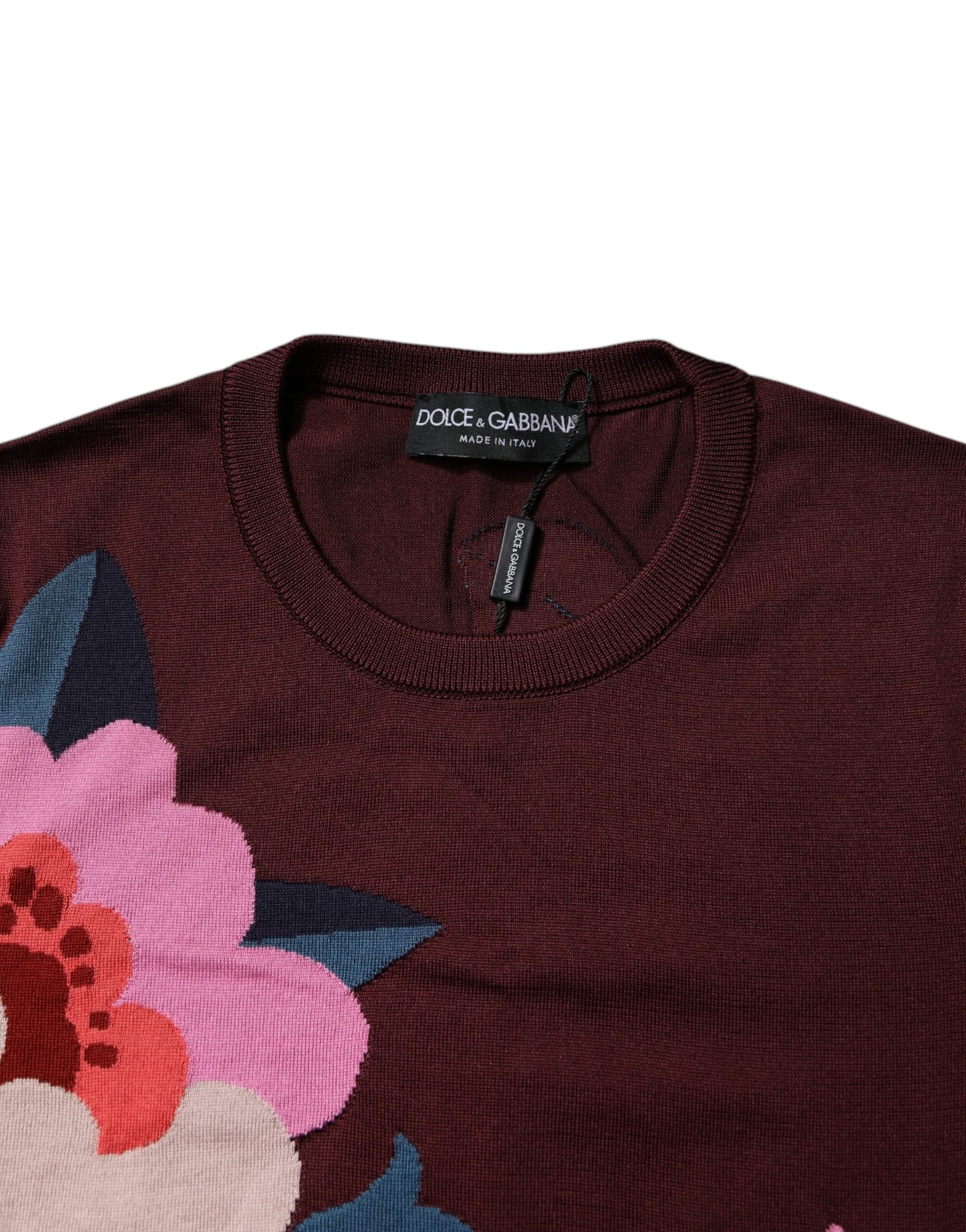 Maroon Floral Silk Crew Neck Blouse Top-Dolce & Gabbana-LabelTerrace.com
