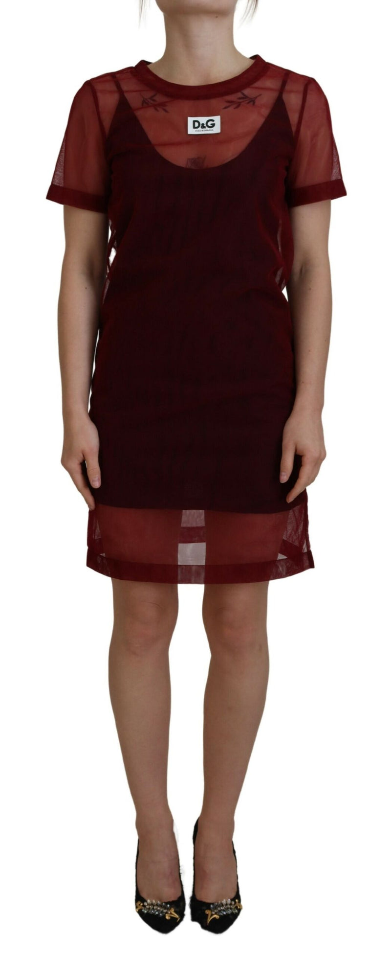 Maroon Nylon Two Layer Shift Mini Dress-Dolce & Gabbana-LabelTerrace.com