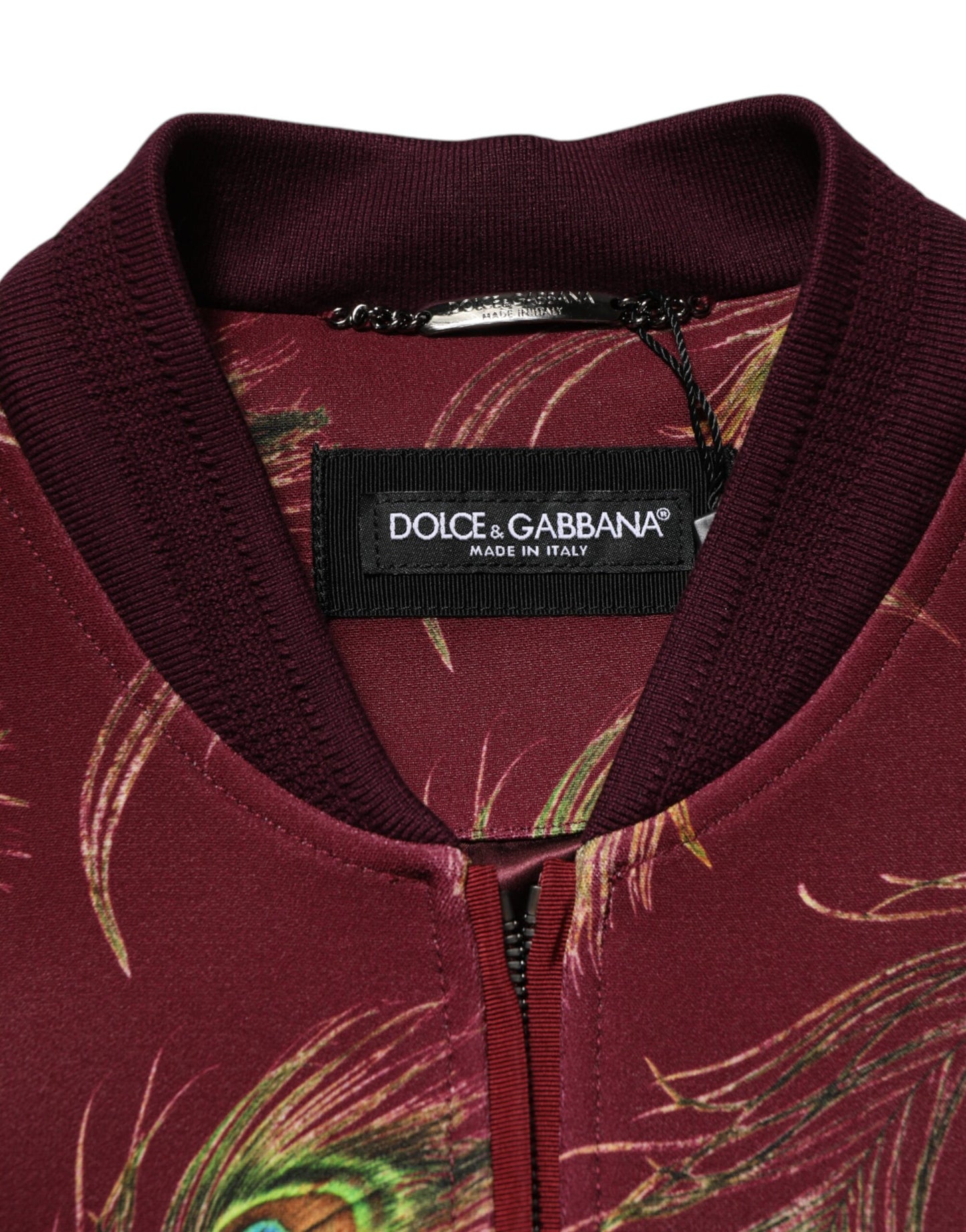 Maroon Peacock Feather Print Bomber Jacket-Dolce & Gabbana-LabelTerrace.com