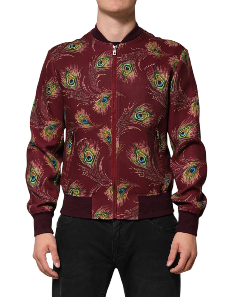 Maroon Peacock Feather Print Bomber Jacket-Dolce & Gabbana-LabelTerrace.com