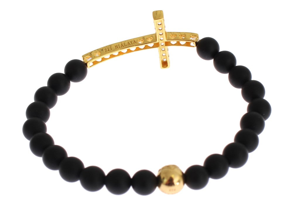 Matte Onyx Stone Gold CZ Cross 925 Silver Bracelet-Nialaya-LabelTerrace.com