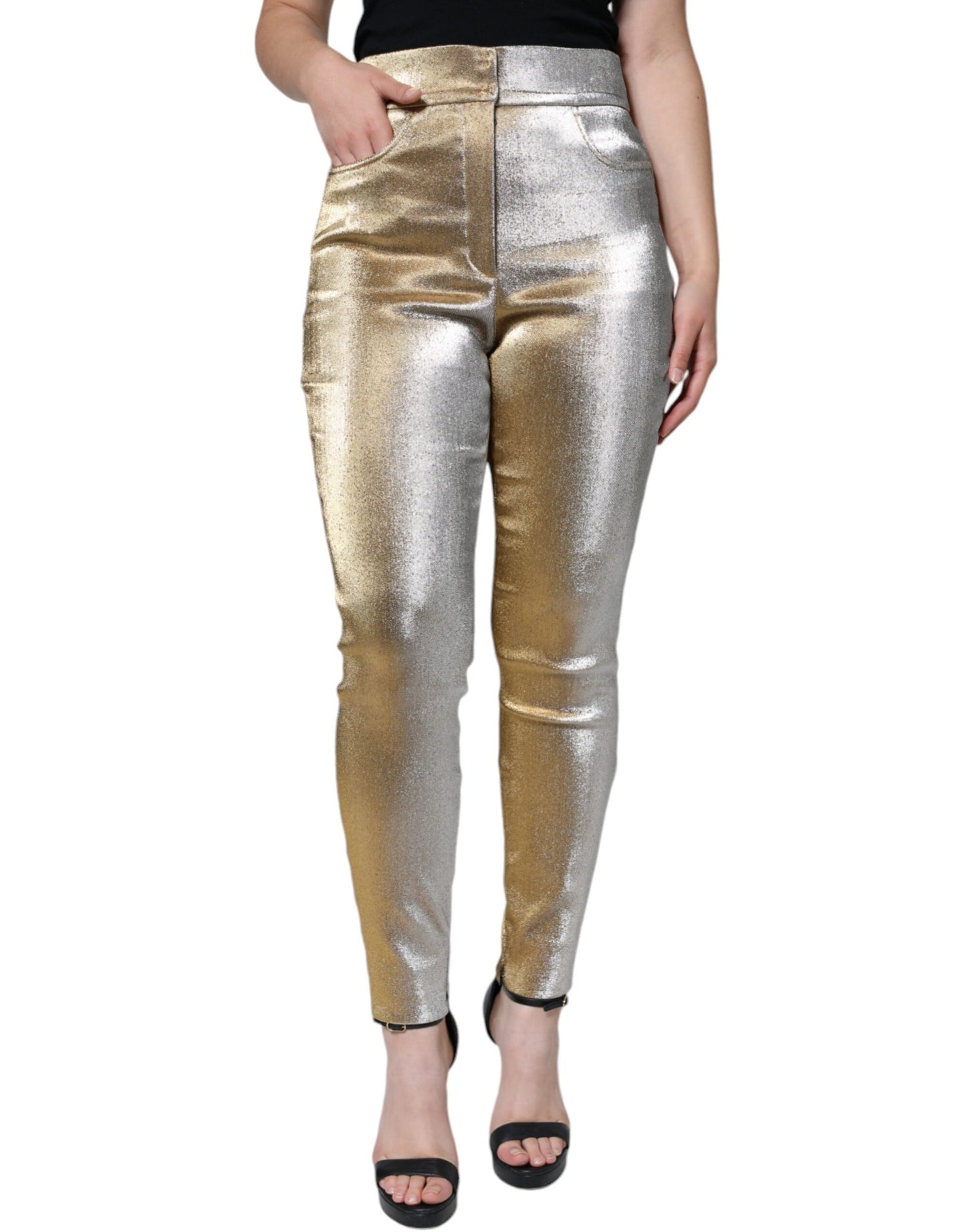 Metallic Gold High Waist Skinny Pants-Dolce & Gabbana-LabelTerrace.com