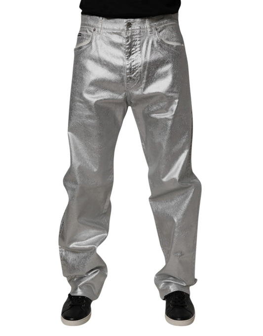 Metallic Silver Cotton Straight Denim Jeans-Dolce & Gabbana-LabelTerrace.com