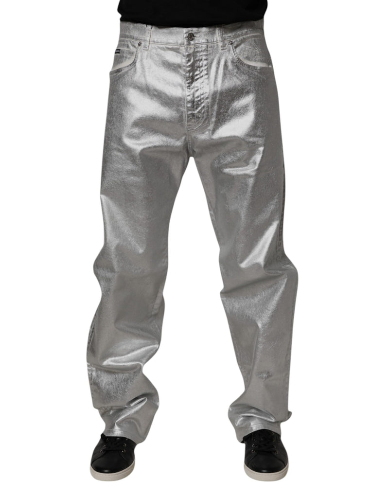 Metallic Silver Cotton Straight Denim Jeans-Dolce & Gabbana-LabelTerrace.com