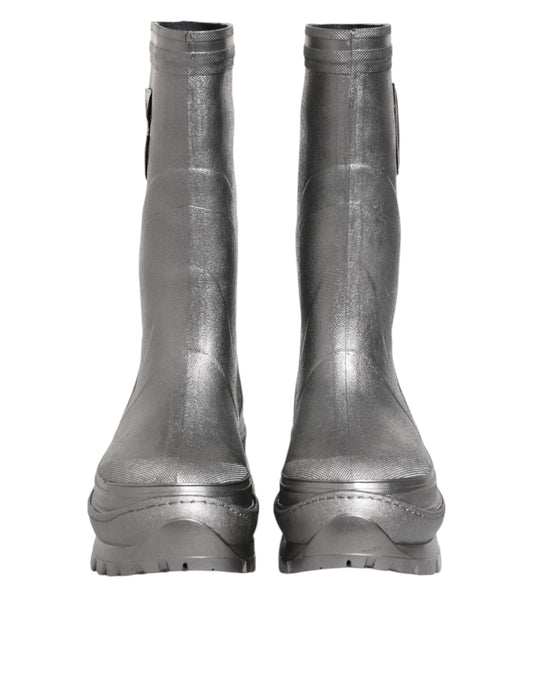 Metallic Silver Pull On Rain Boots Shoes-Dolce & Gabbana-LabelTerrace.com