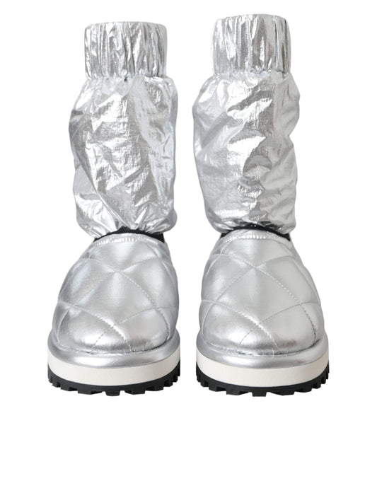 Metallic Silver Quilted Logo Patch Boot Shoes-Dolce & Gabbana-LabelTerrace.com