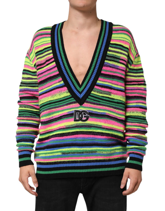 Multicolor DG Logo V-Neck Knit Pullover Sweater-Dolce & Gabbana-LabelTerrace.com