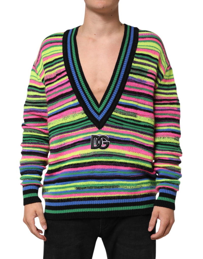 Multicolor DG Logo V-Neck Knit Pullover Sweater-Dolce & Gabbana-LabelTerrace.com