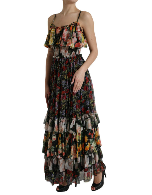 Multicolor Floral Chiffon Tiered Maxi Dress-Dolce & Gabbana-LabelTerrace.com