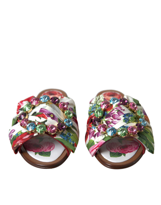 Multicolor Floral Flats Crystal Sandals Shoes-Dolce & Gabbana-LabelTerrace.com