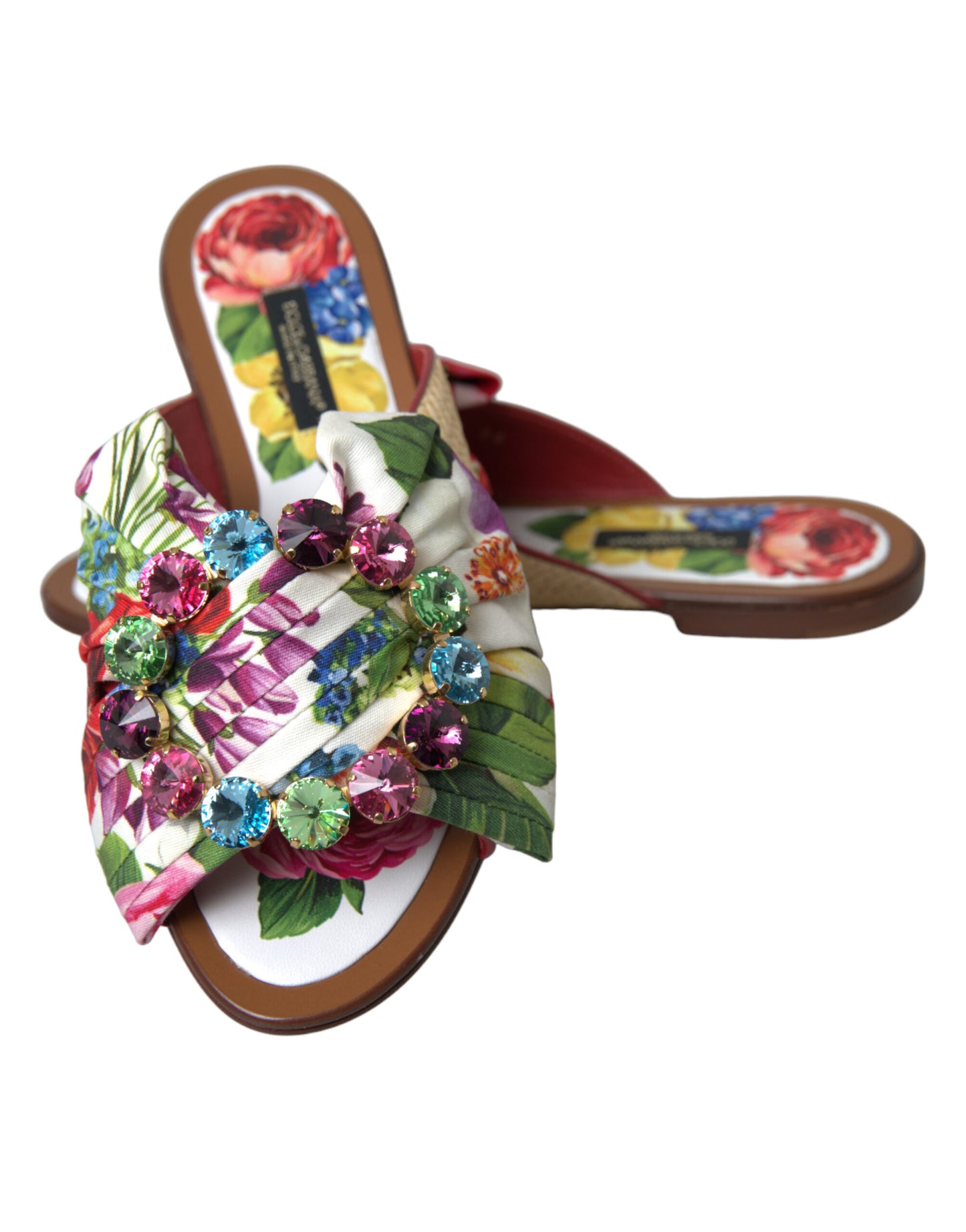 Multicolor Floral Flats Crystal Sandals Shoes-Dolce & Gabbana-LabelTerrace.com