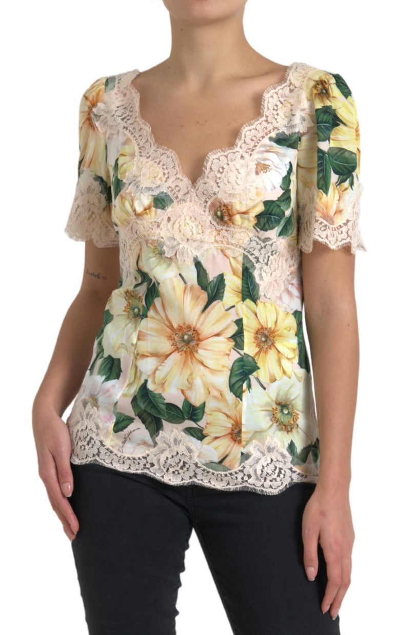 Multicolor Floral Lace V Neck Blouse-Dolce & Gabbana-LabelTerrace.com
