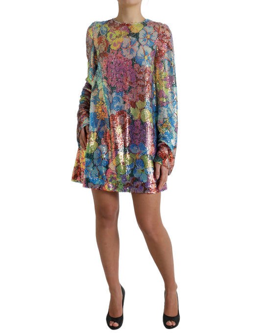 Multicolor Floral Sequined Shift Mini Dress-Dolce & Gabbana-LabelTerrace.com
