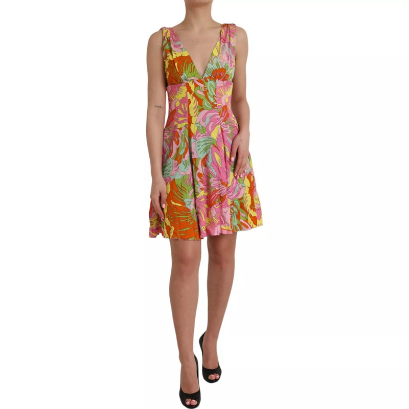 Multicolor Floral Silk Flared Mini Dress-Dolce & Gabbana-LabelTerrace.com