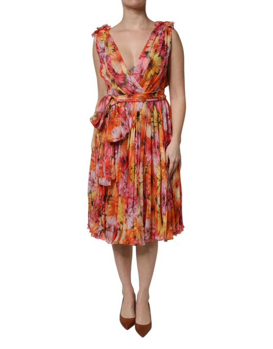 Multicolor Floral Silk V-neck Chiffon Dress-Dolce & Gabbana-LabelTerrace.com