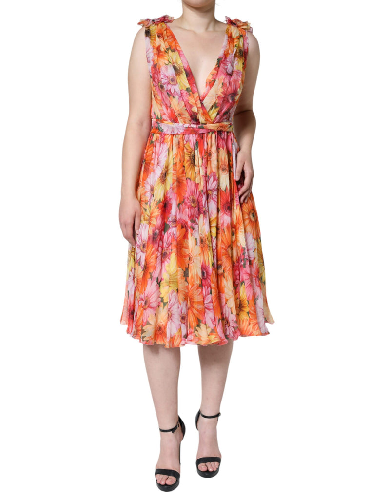 Multicolor Floral Sleeveless V-neck Midi Dress-Dolce & Gabbana-LabelTerrace.com