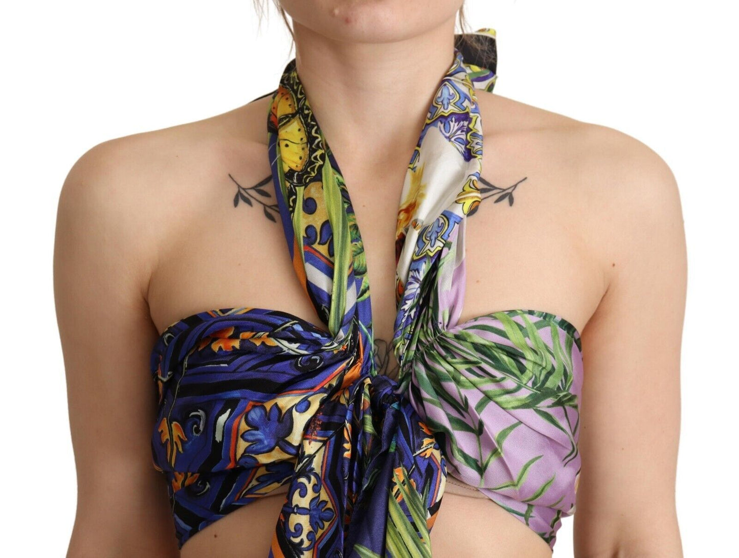 Multicolor Foulard Silk Halter Cropped Top-Dolce & Gabbana-LabelTerrace.com
