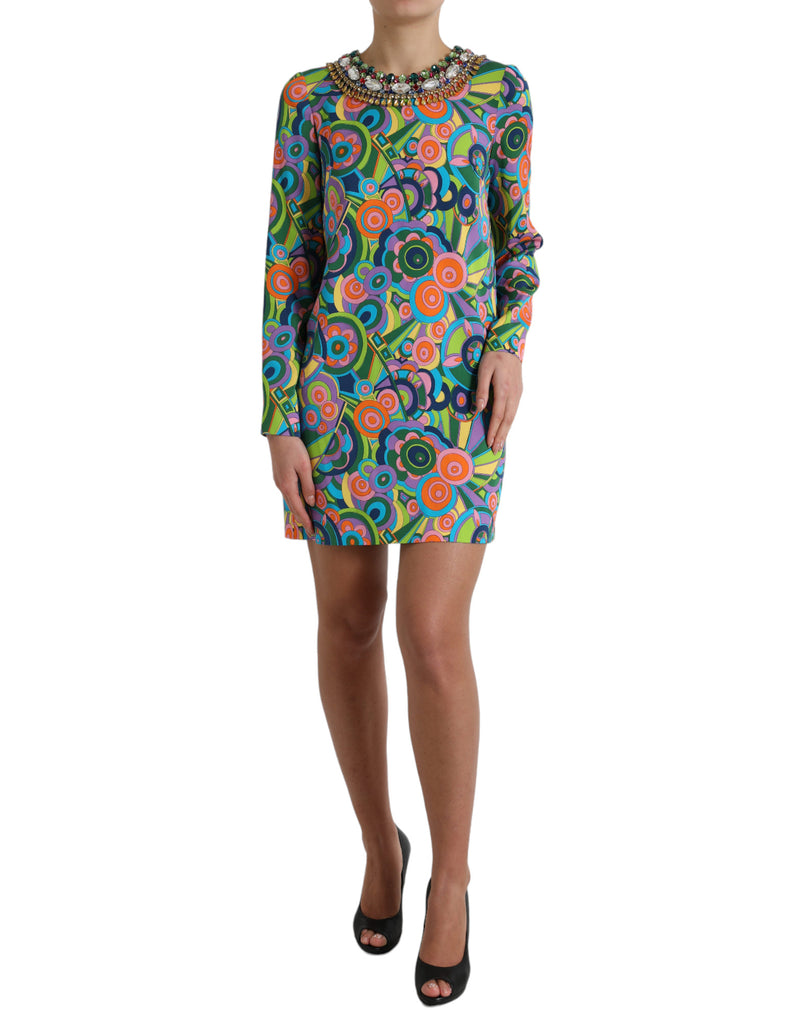 Multicolor Geometric Print Silk Crystals Midi Dress-Dolce & Gabbana-LabelTerrace.com