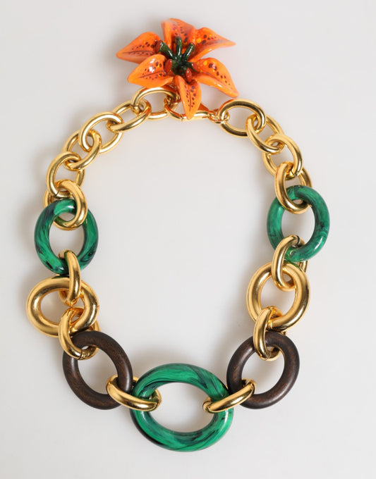 Multicolor Gold Brass Tiger Lily Floral Chai Necklace-Dolce & Gabbana-LabelTerrace.com