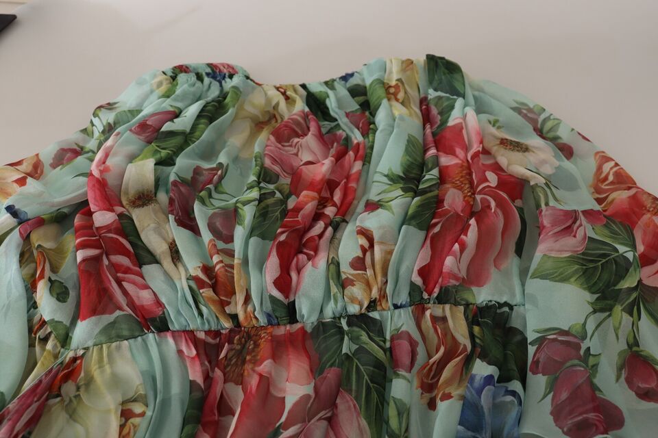 Multicolor Green Floral Silk Wrap Midi Dress-Dolce & Gabbana-LabelTerrace.com