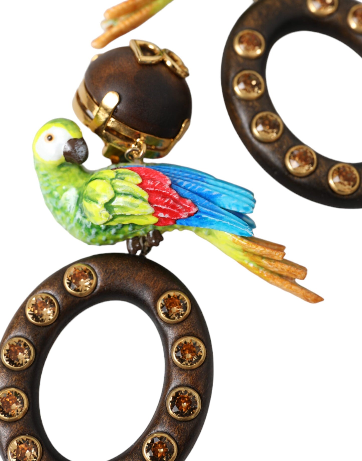 Multicolor Parrot Wood Brass Crystal Embellished Earrings-Dolce & Gabbana-LabelTerrace.com