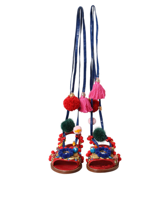 Multicolor Pom Pom Fur Wrap Sandals Shoes-Dolce & Gabbana-LabelTerrace.com
