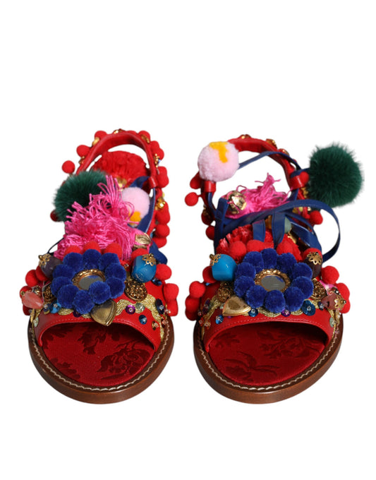 Multicolor Pom Pom Fur Wrap Sandals Shoes-Dolce & Gabbana-LabelTerrace.com
