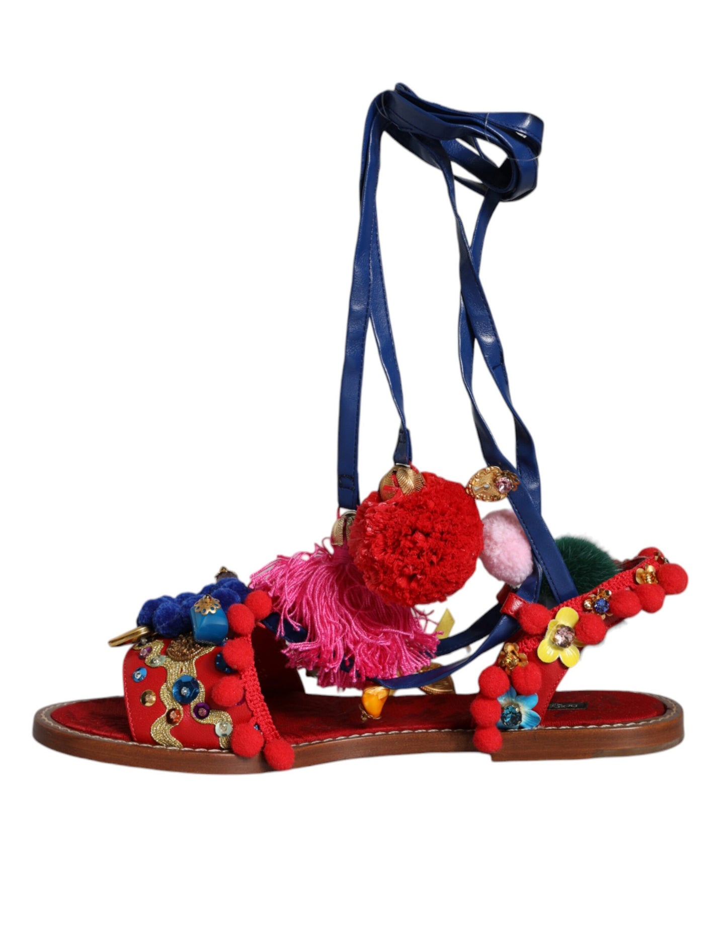 Multicolor Pom Pom Fur Wrap Sandals Shoes-Dolce & Gabbana-LabelTerrace.com