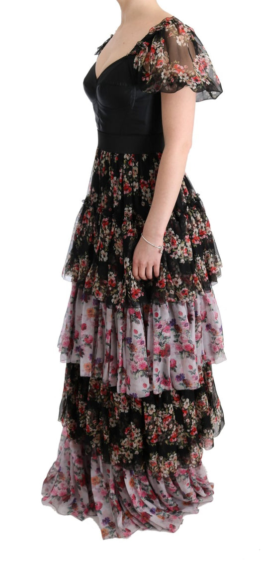 Multicolor Silk Stretch Floral Shift Long Dress-Dolce & Gabbana-LabelTerrace.com