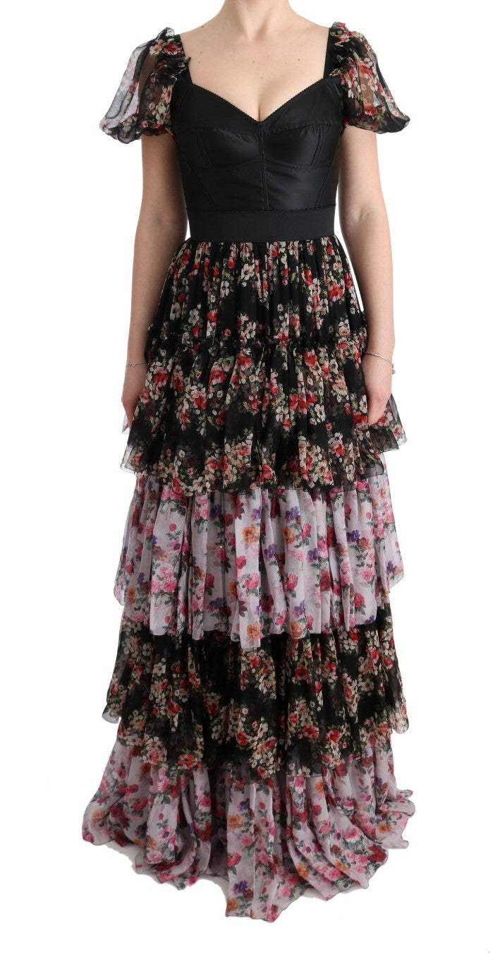 Multicolor Silk Stretch Floral Shift Long Dress-Dolce & Gabbana-LabelTerrace.com