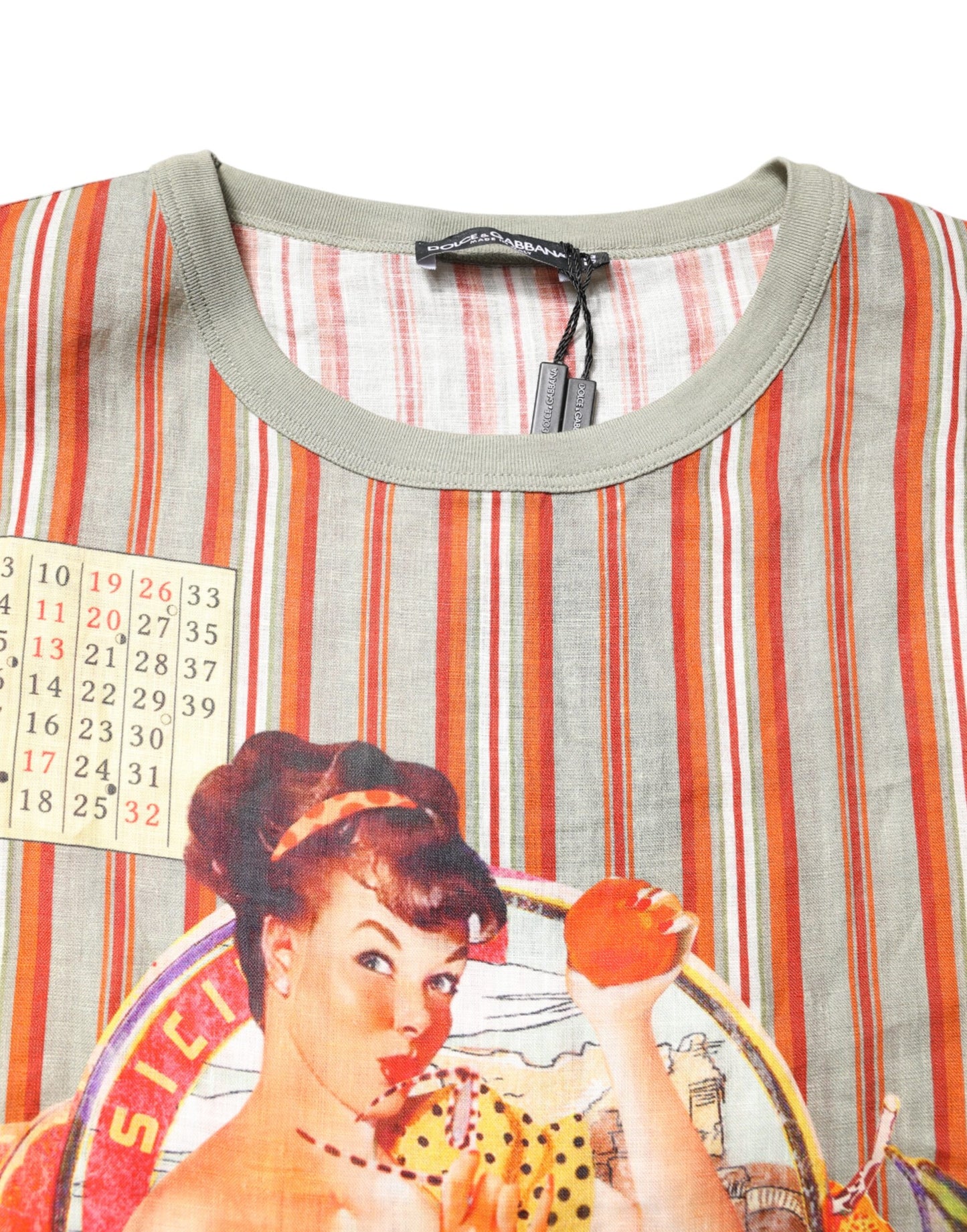 Multicolor Striped Graphic Linen Round Neck T-shirt-Dolce & Gabbana-LabelTerrace.com