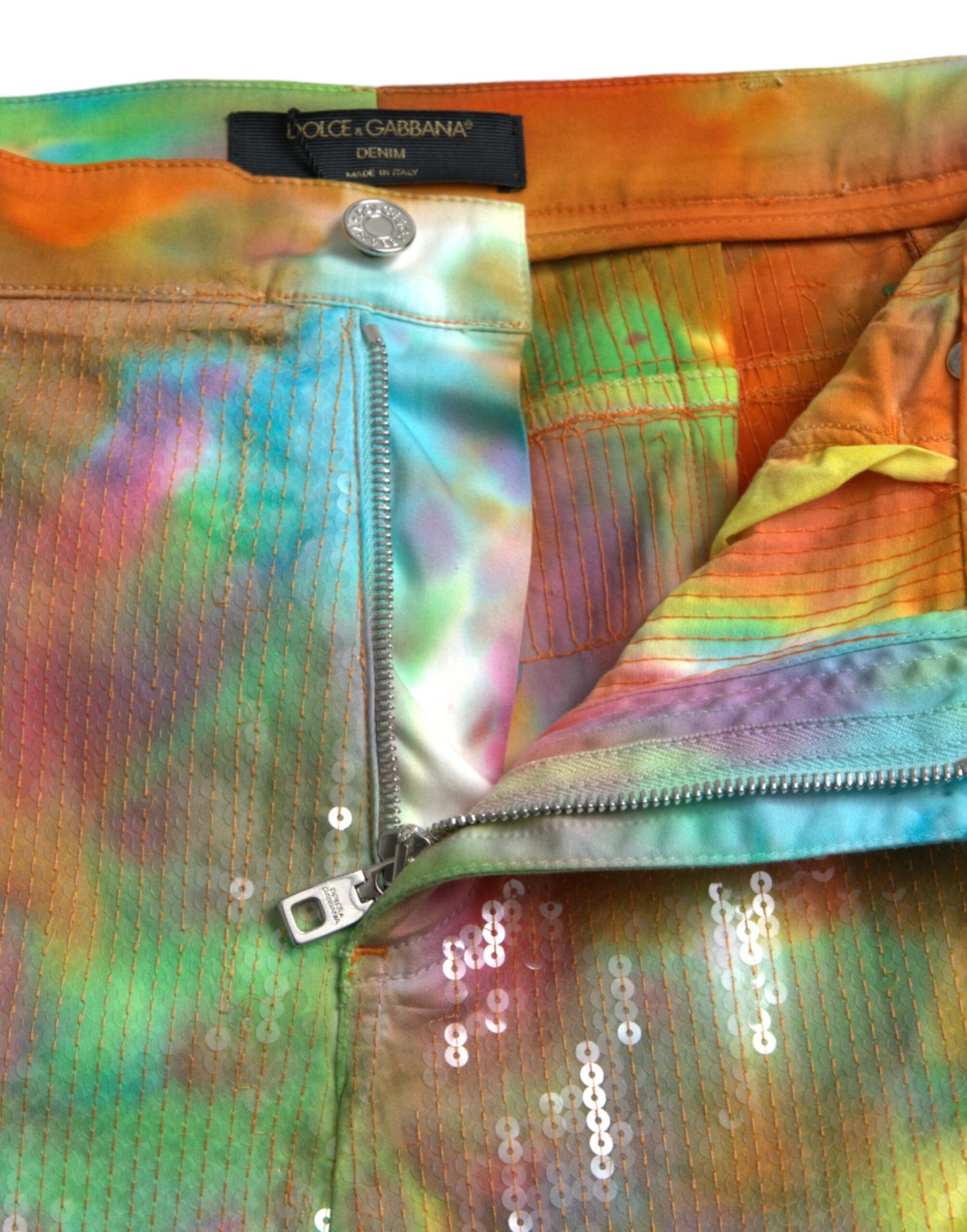 Multicolor Tie Dye Sequined High Waist Cropped Pants-Dolce & Gabbana-LabelTerrace.com