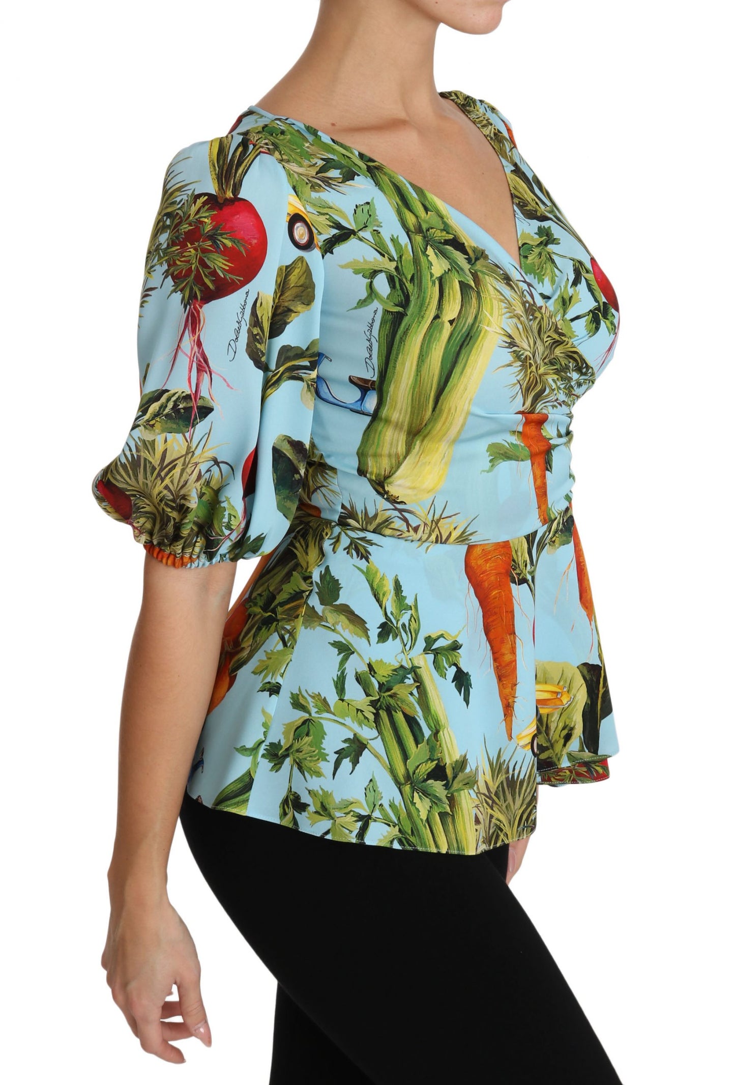 Multicolor Vegetable Print Silk Top Peplum Wrap Blouse-Dolce & Gabbana-LabelTerrace.com