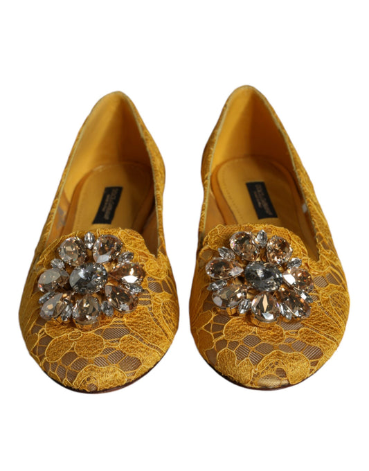 Mustard Lace Crystal Ballet Flats Loafer Shoes-Dolce & Gabbana-LabelTerrace.com