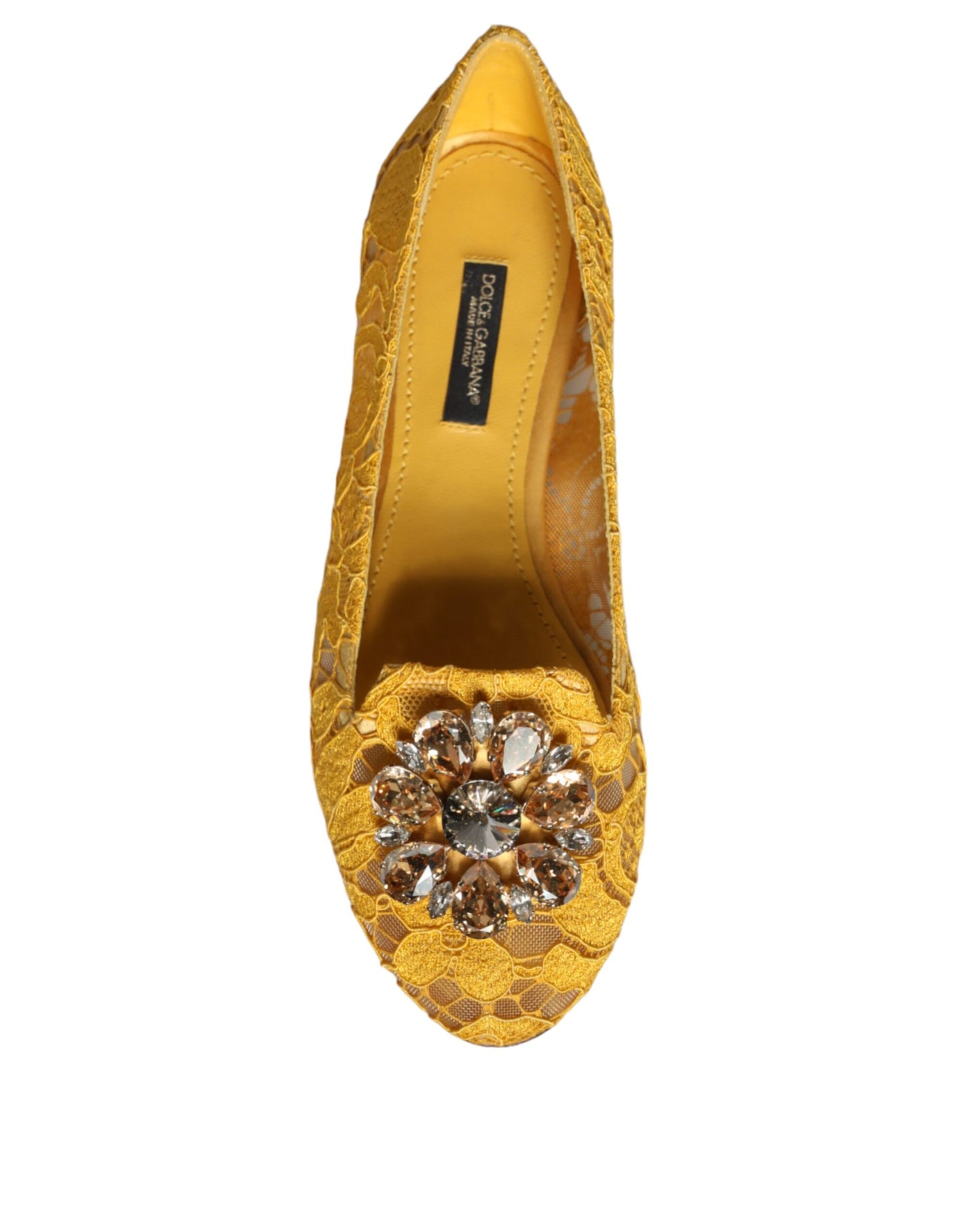 Mustard Lace Crystal Ballet Flats Loafer Shoes-Dolce & Gabbana-LabelTerrace.com