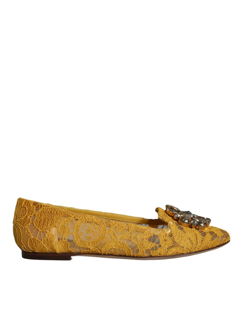 Mustard Lace Crystal Ballet Flats Loafer Shoes-Dolce & Gabbana-LabelTerrace.com