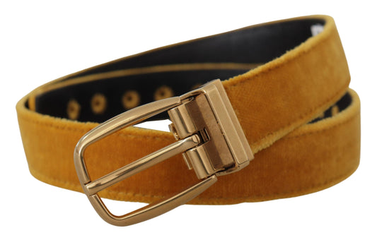 Mustard Velvet Gold Logo Engraved Metal Buckle Belt-Dolce & Gabbana-LabelTerrace.com