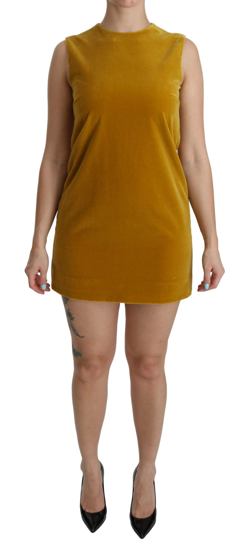 Mustard Velvet Stretch Shift Mini Dress-Dolce & Gabbana-LabelTerrace.com